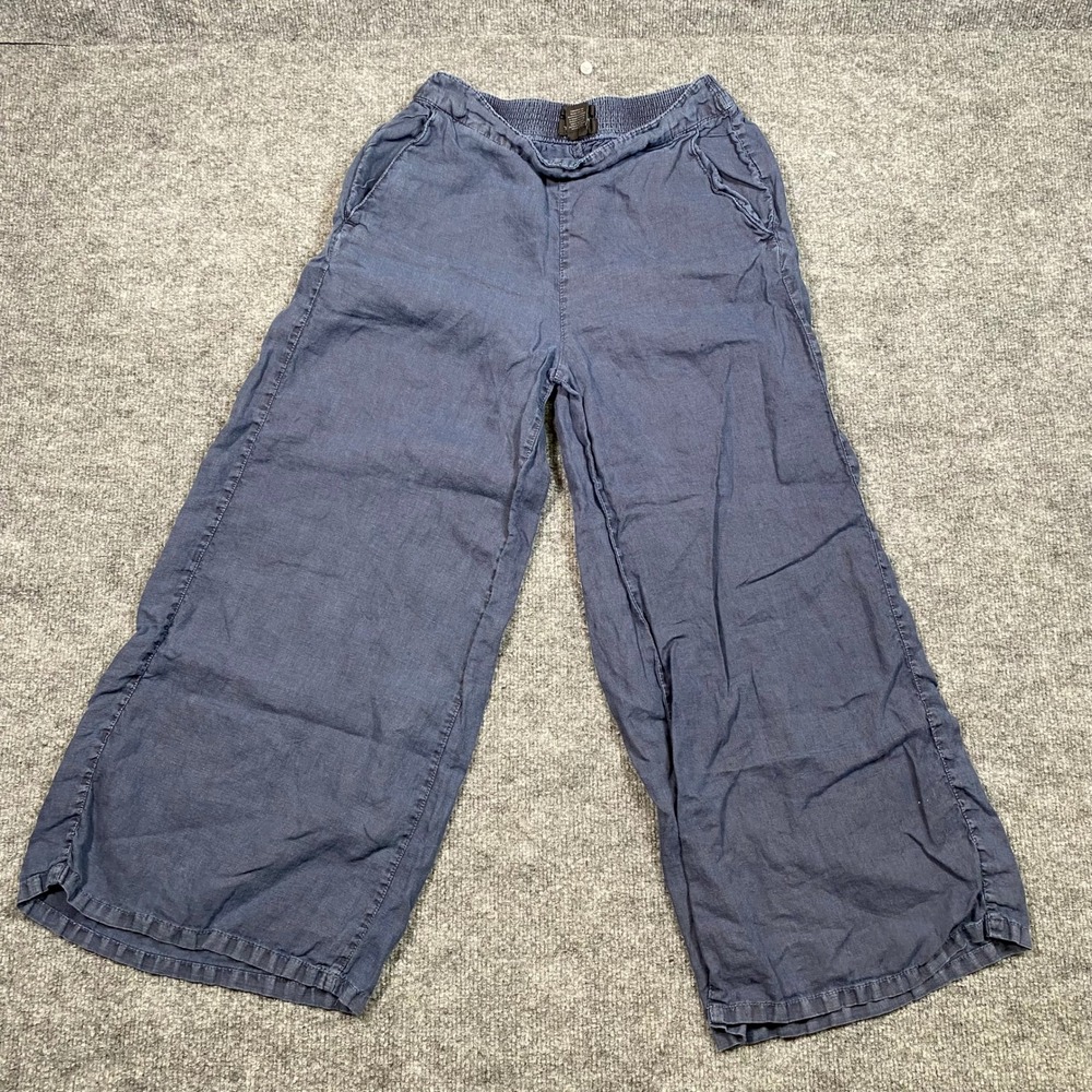 Tahari Women Navy Blue 100% Linen Wide Leg Smocked Waist Crop Pants Size S